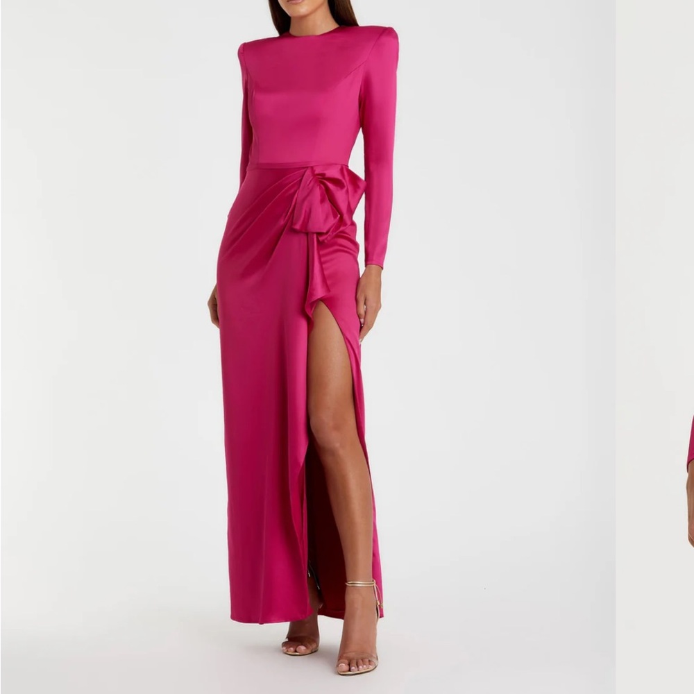 IEENA FOR MAC DUGGAL | Long Sleeve Structured Bow Draped Gown | Magenta | Size16